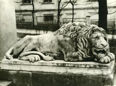 Скульптура сплячого лева перед входом до Будинку архітектора на вул. Підвальній, 4