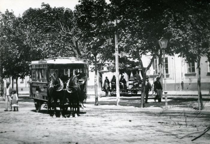 Омнібус та кінний трамвай на вулиці Дрога до дворца. 2