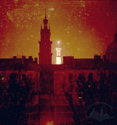 City hall in the night. View from the Carmelite church.