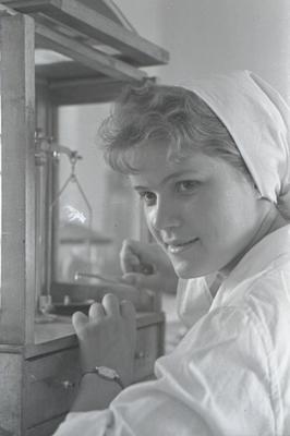 Zhdanov grain elevator. N. Byliaieva and laboratory assistant L. Romaniuk take samples