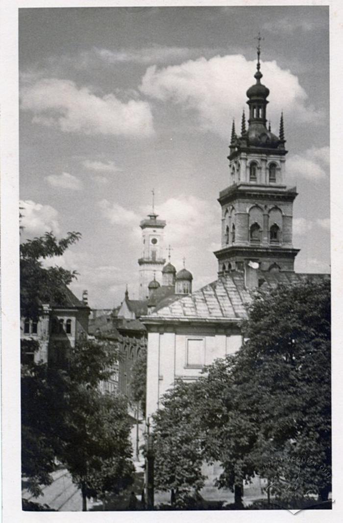 View of city hall tower and Uspenska church tower, buildings of "Dnister" and the second gymnasium 2